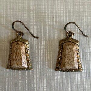 Barse Bronze Beige and Brown Speckled Jasper Brass Vintage Earrings, Thailand
